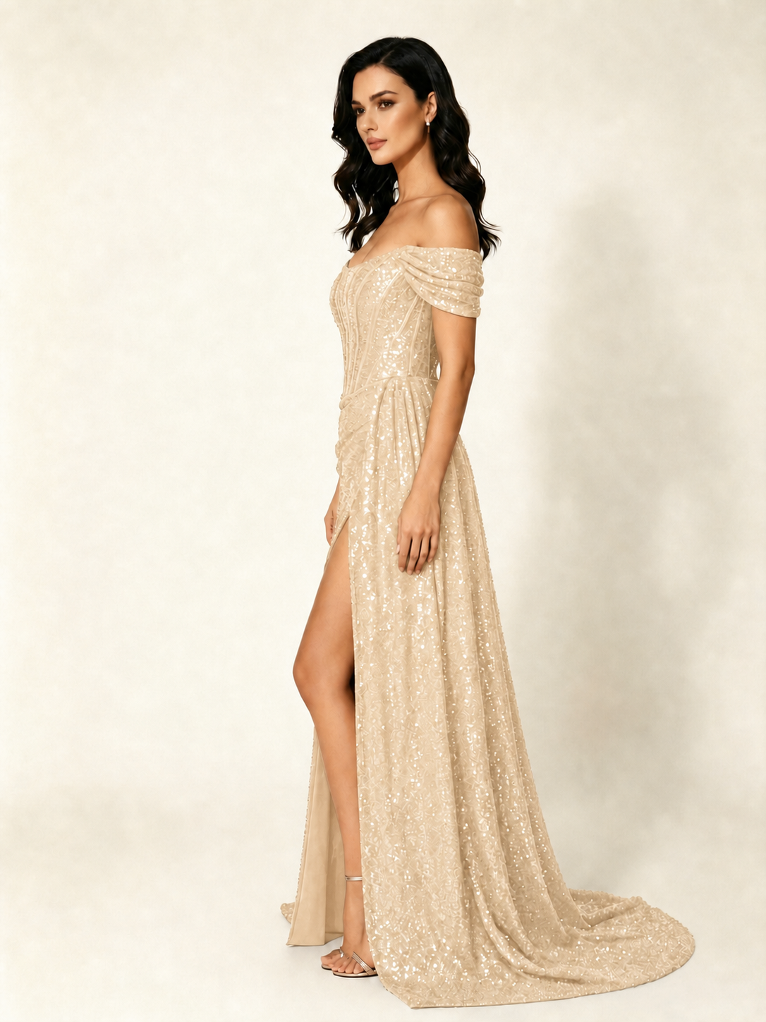 Off Shoulder Sequin High Slit Formal Dress with Train