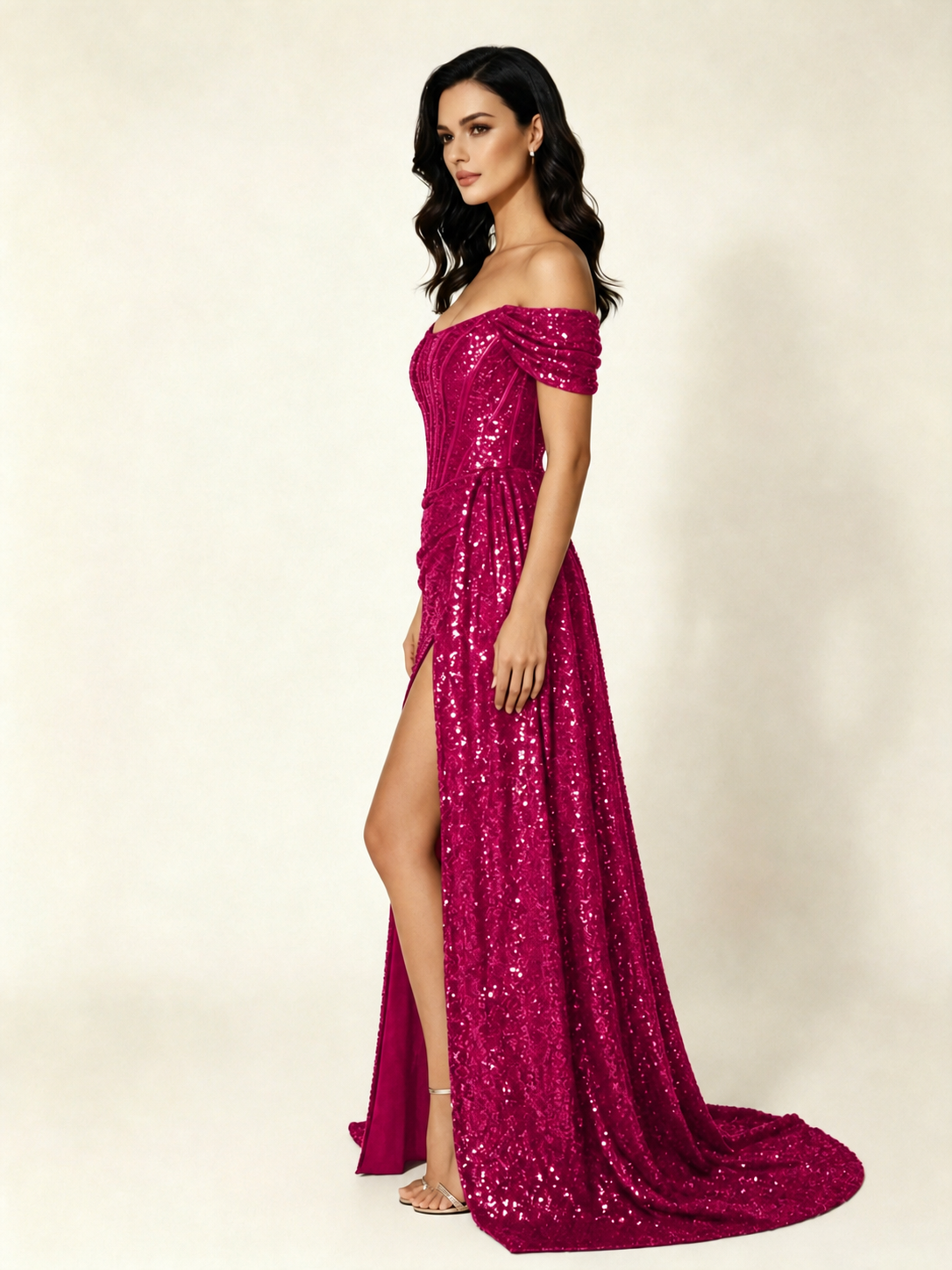 Off Shoulder Sequin High Slit Formal Dress with Train