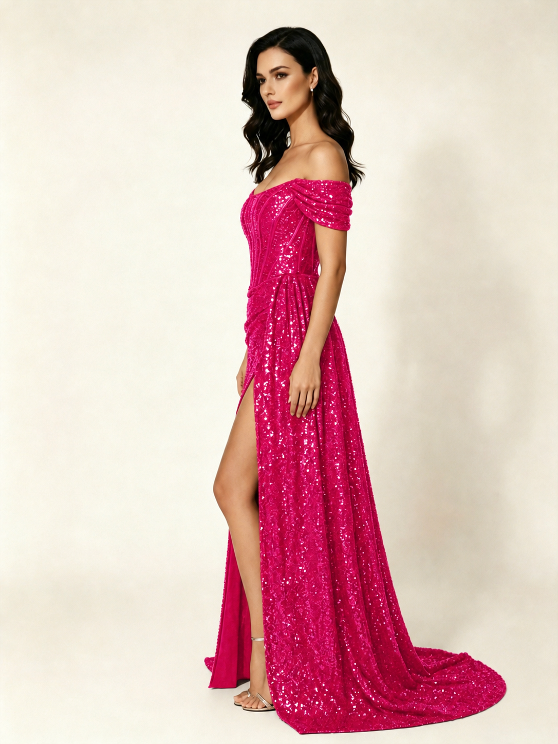 Off Shoulder Sequin High Slit Formal Dress with Train