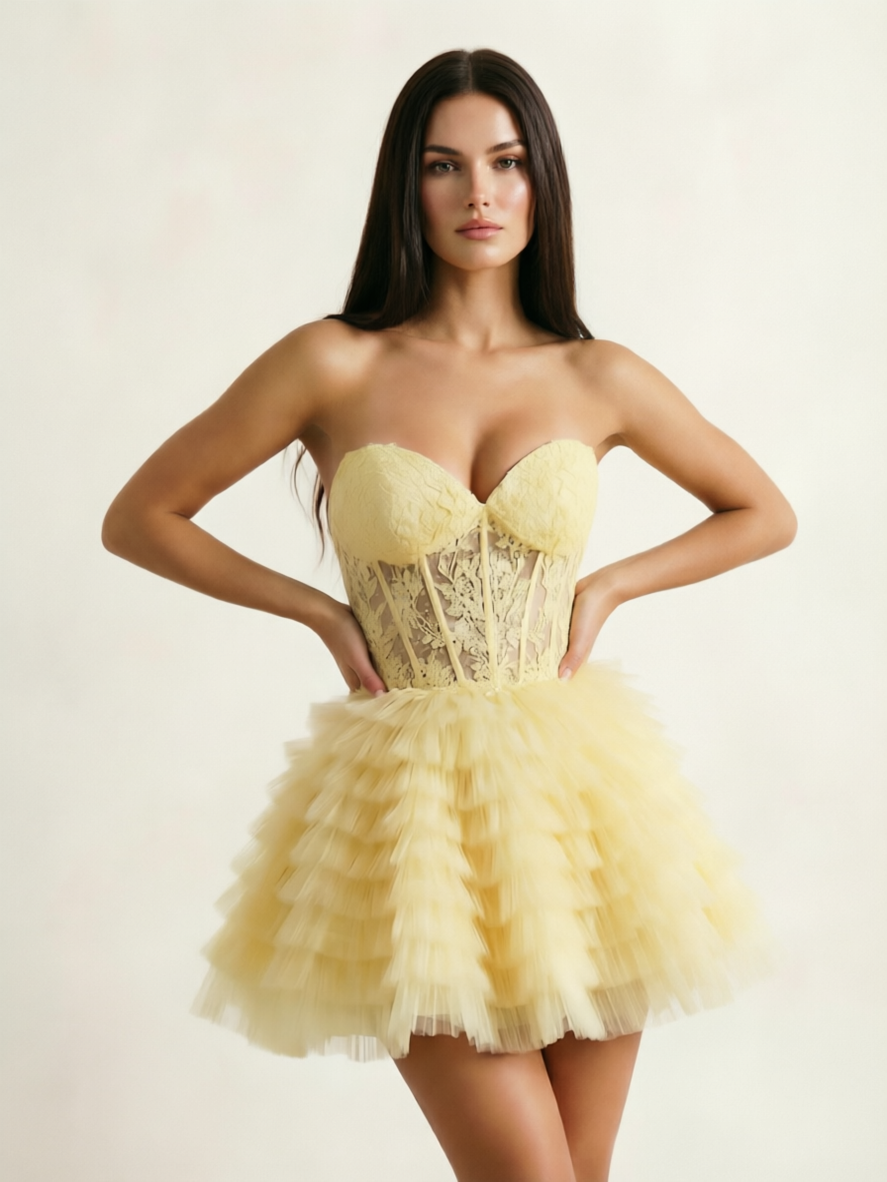 Strapless Lace Corset Tiered Tulle Mini Dress