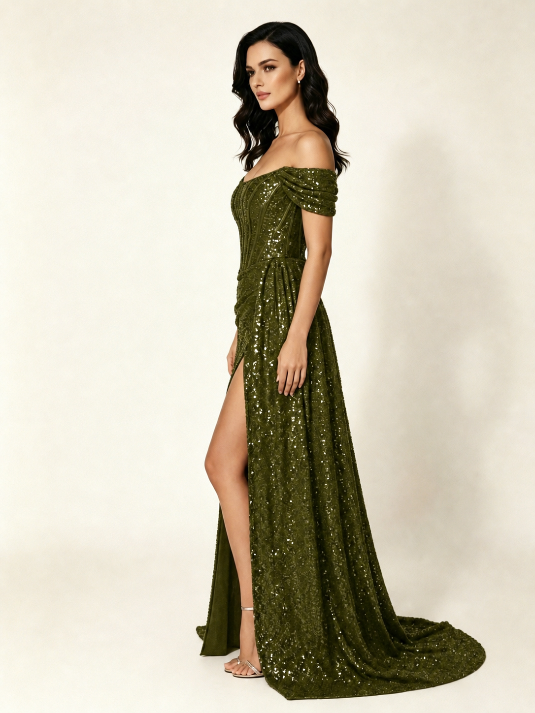 Off Shoulder Sequin High Slit Formal Dress with Train