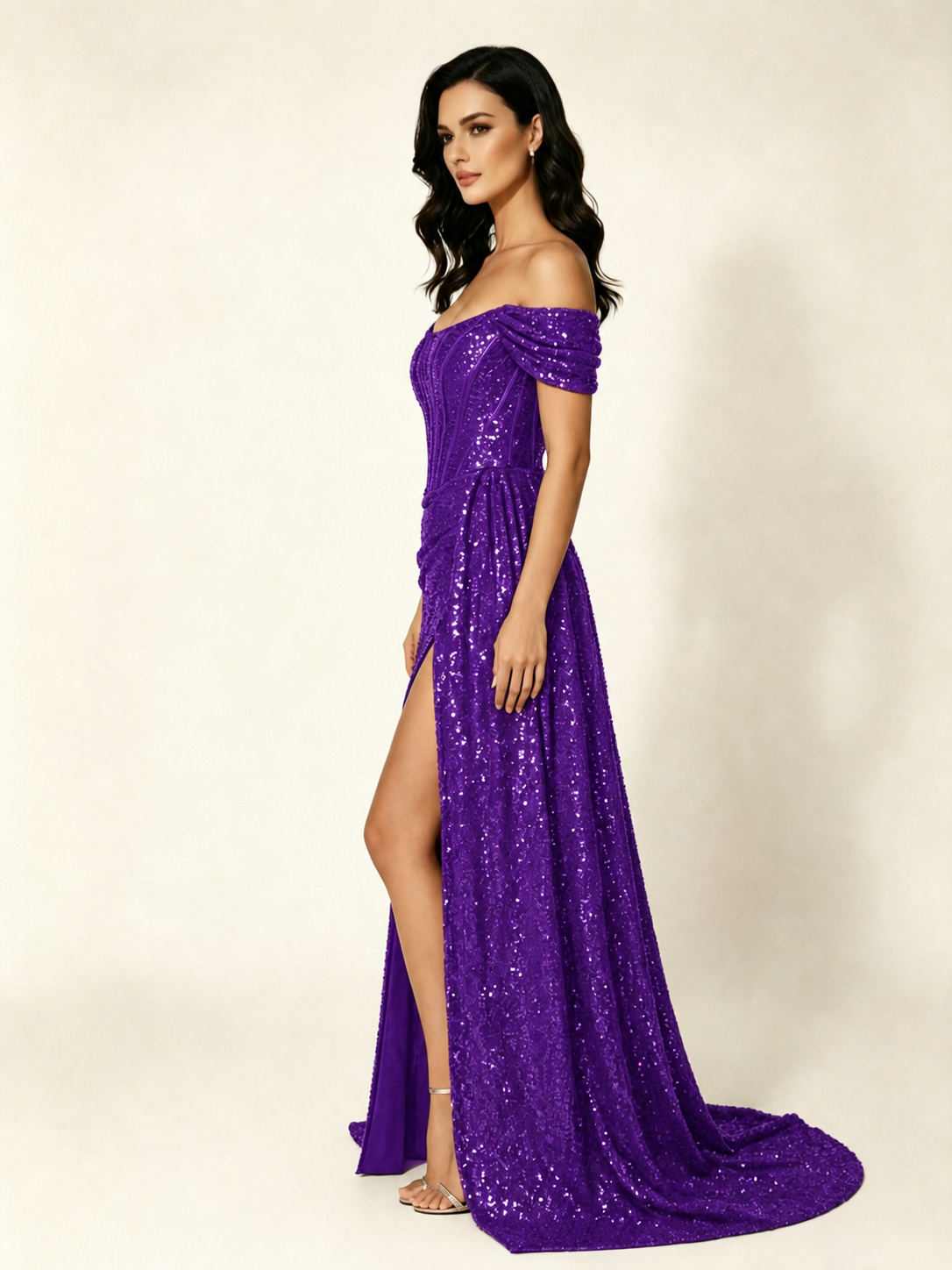 Off Shoulder Sequin High Slit Formal Dress with Train