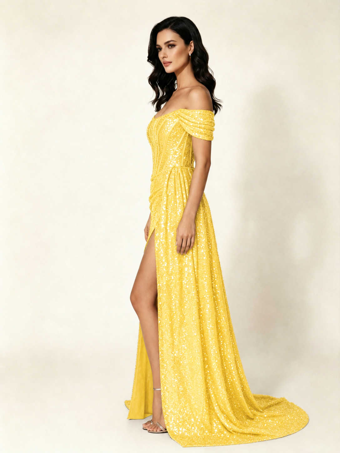 Off Shoulder Sequin High Slit Formal Dress with Train