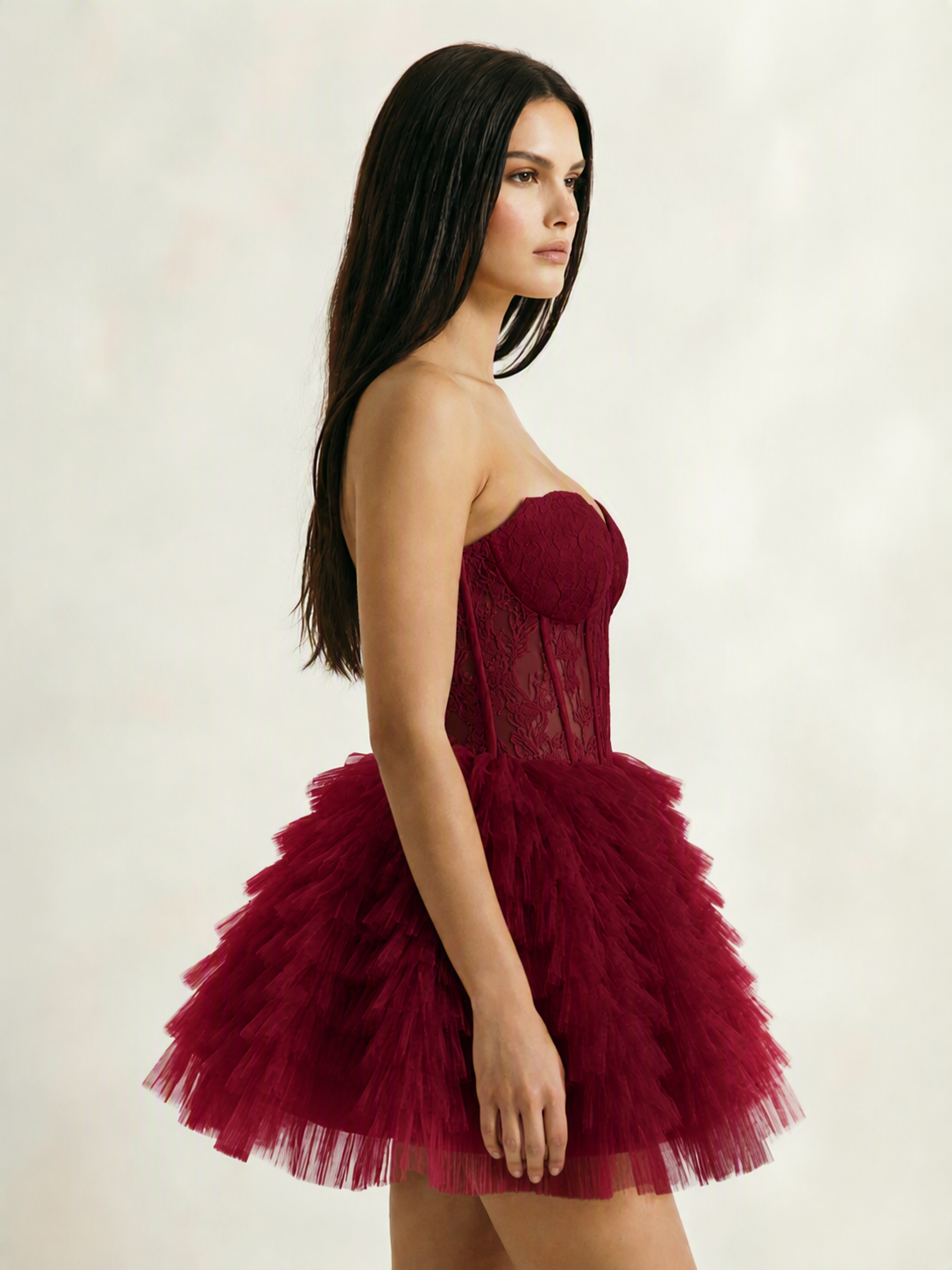 Strapless Lace Corset Tiered Tulle Mini Dress
