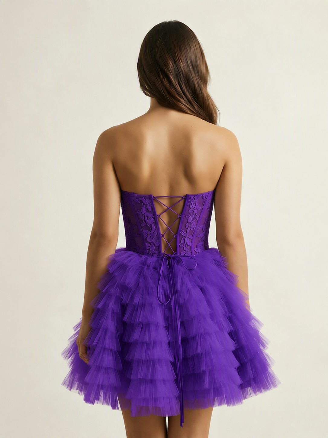Strapless Lace Corset Tiered Tulle Mini Dress