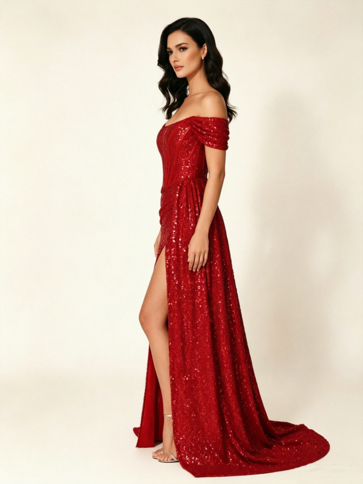 Off Shoulder Sequin High Slit Formal Dress with Train
