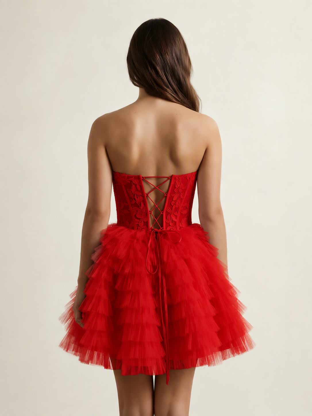 Strapless Lace Corset Tiered Tulle Mini Dress