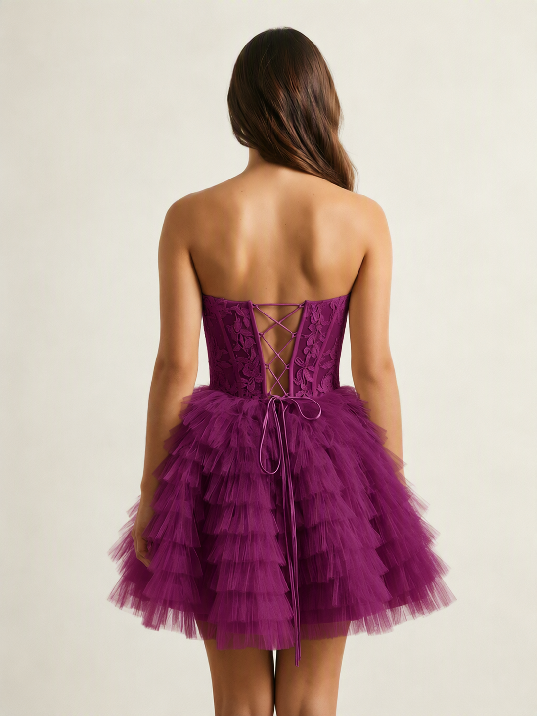 Strapless Lace Corset Tiered Tulle Mini Dress