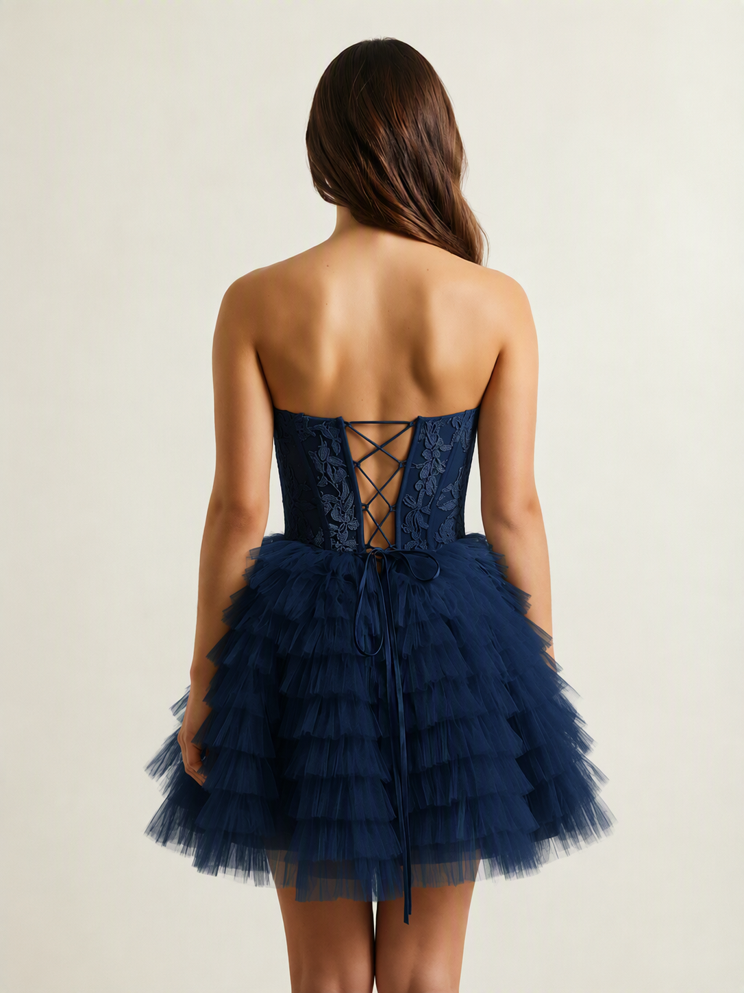 Strapless Lace Corset Tiered Tulle Mini Dress