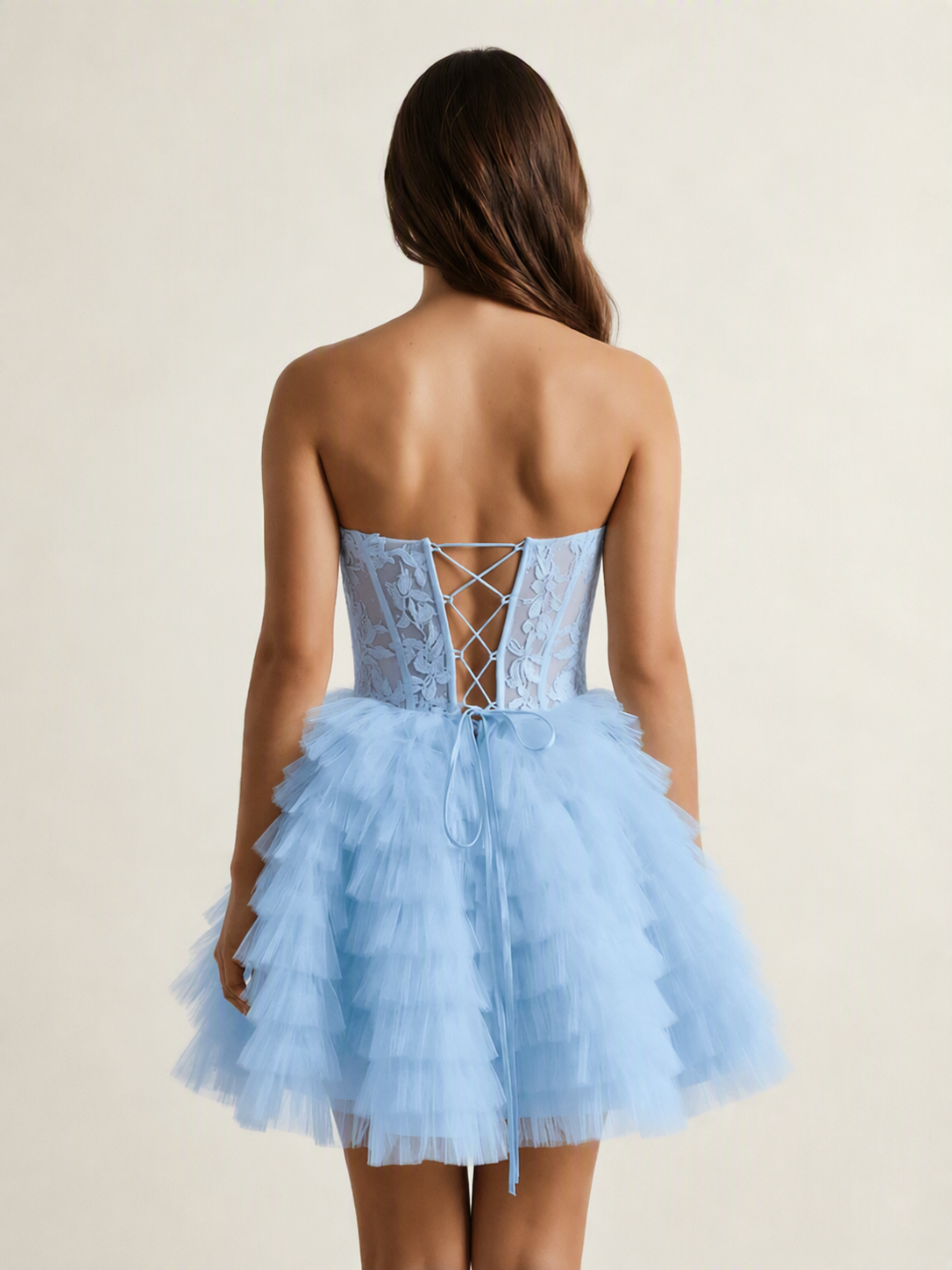 Strapless Lace Corset Tiered Tulle Mini Dress