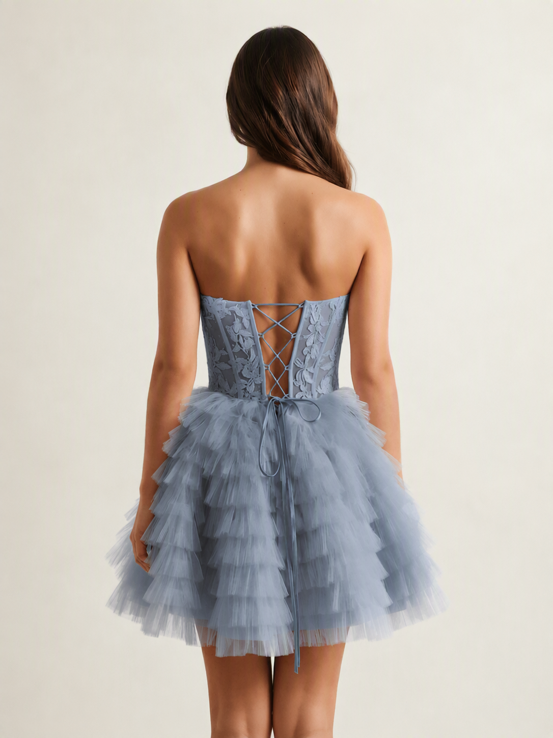Strapless Lace Corset Tiered Tulle Mini Dress