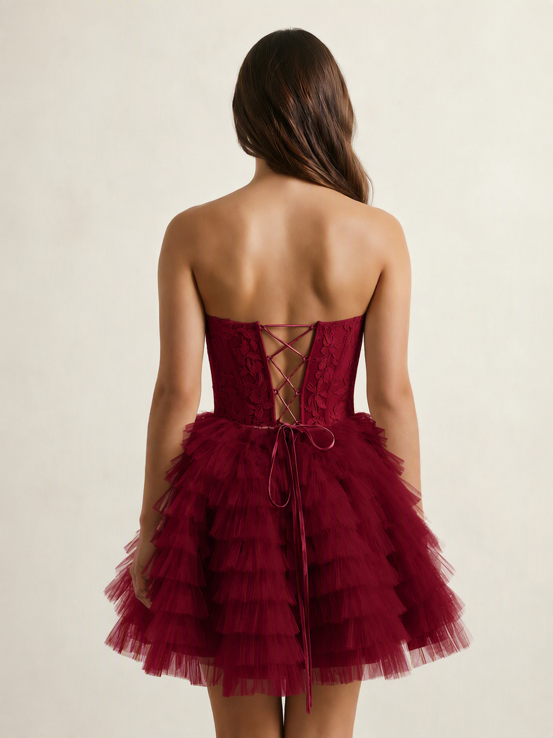 Strapless Lace Corset Tiered Tulle Mini Dress
