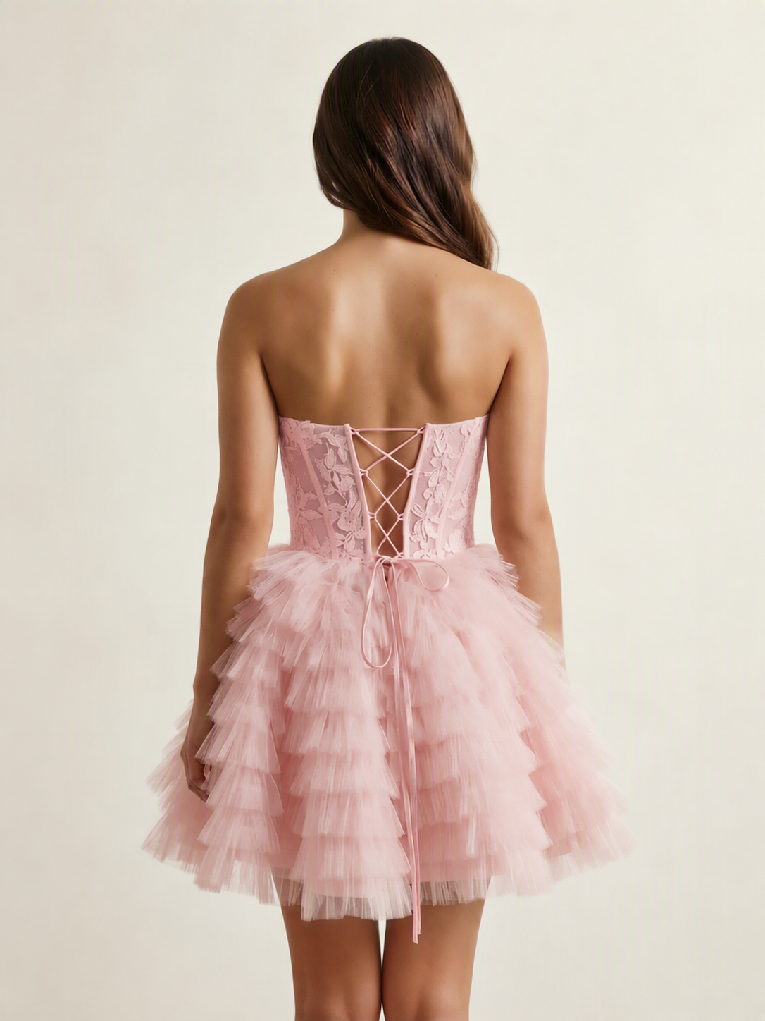 Strapless Lace Corset Tiered Tulle Mini Dress