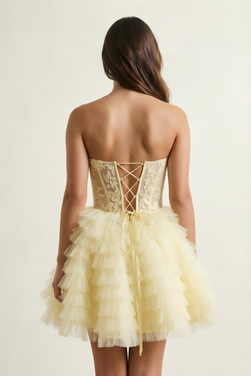 Strapless Lace Corset Tiered Tulle Mini Dress