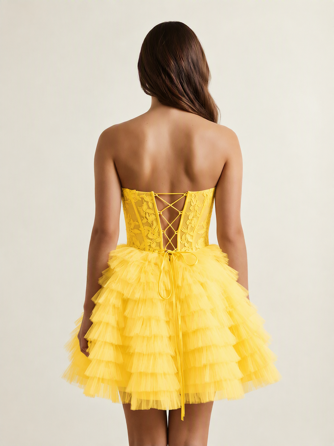 Strapless Lace Corset Tiered Tulle Mini Dress
