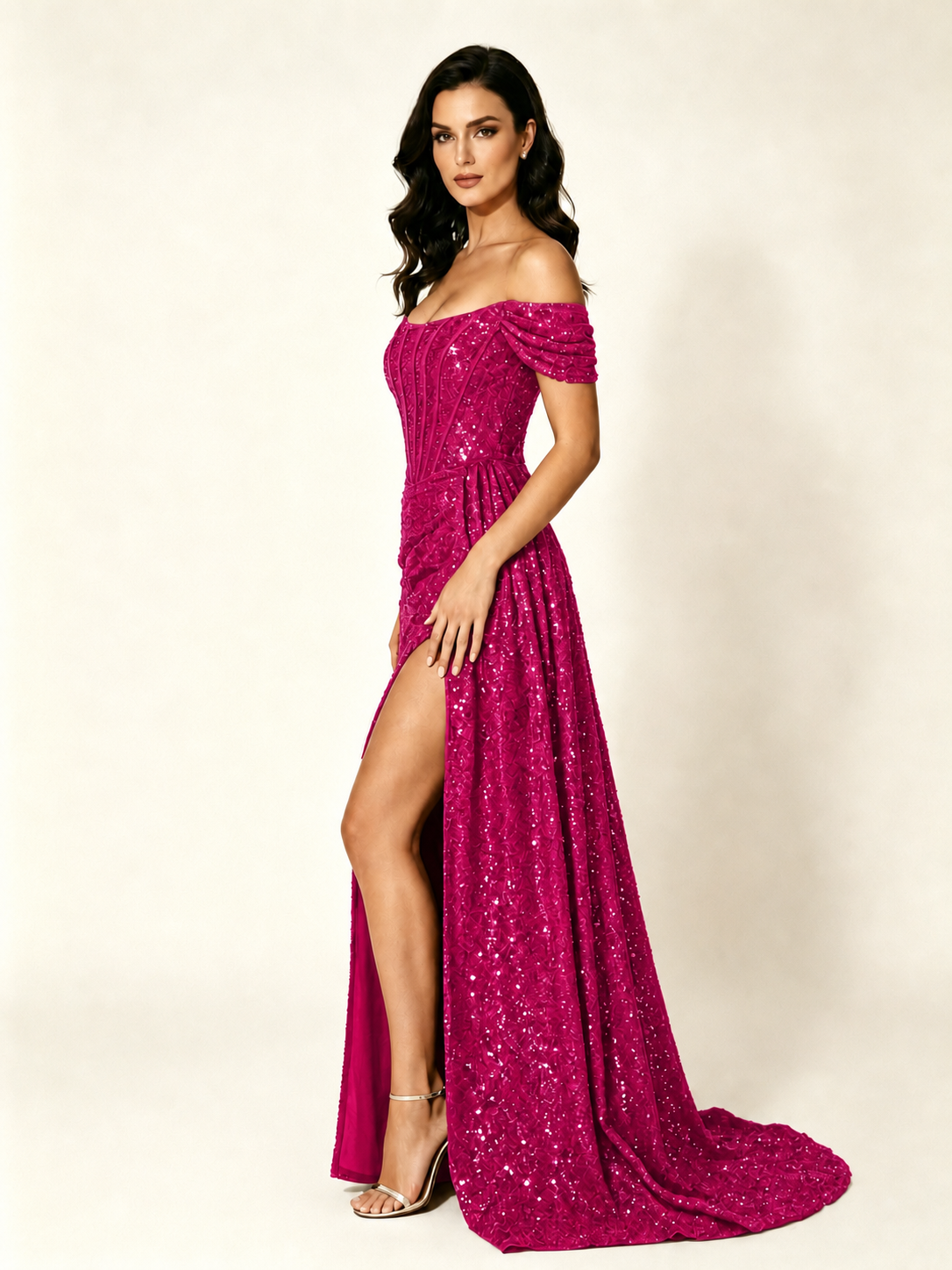 Off Shoulder Sequin High Slit Formal Dress with Train