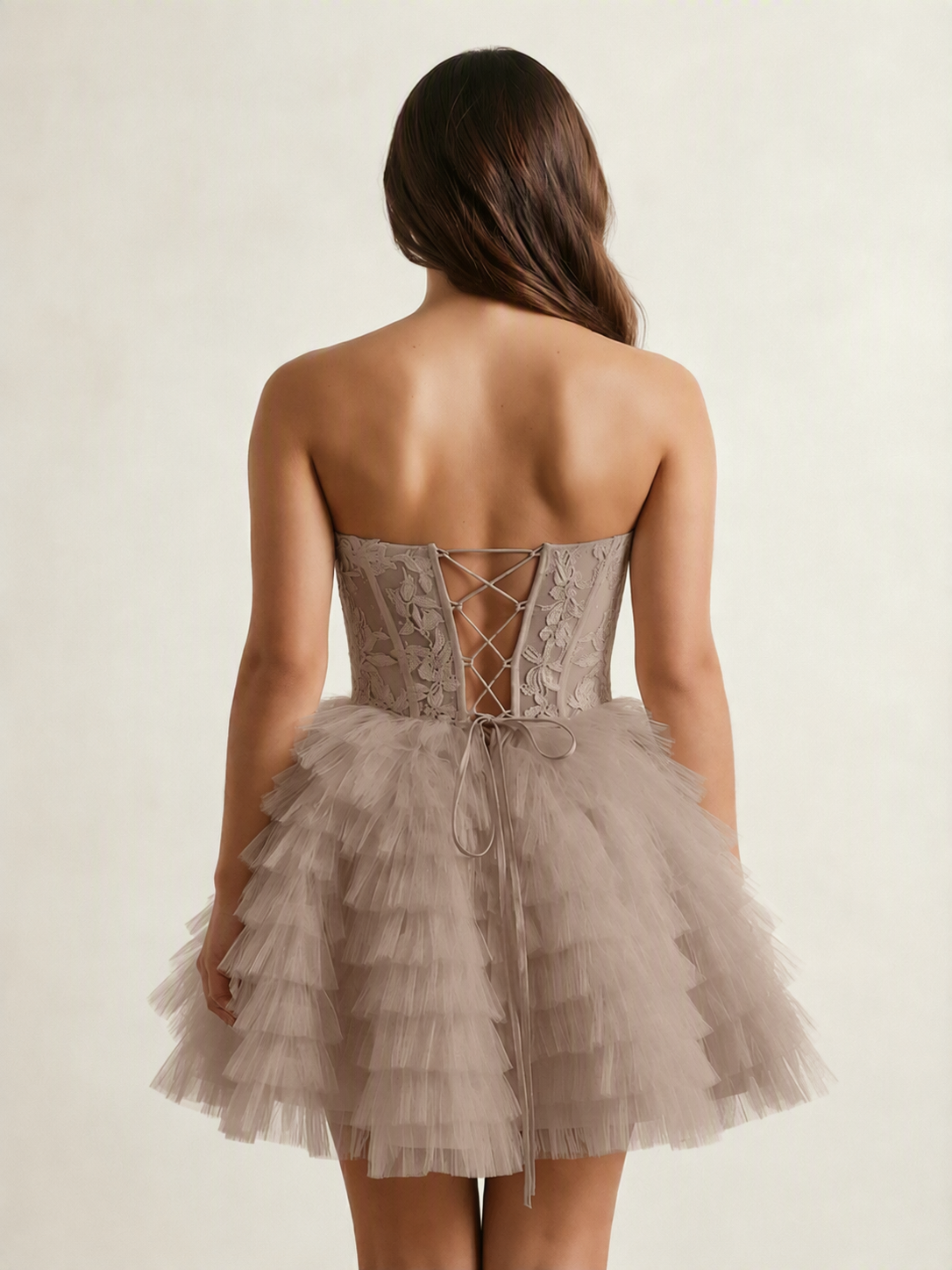 Strapless Lace Corset Tiered Tulle Mini Dress