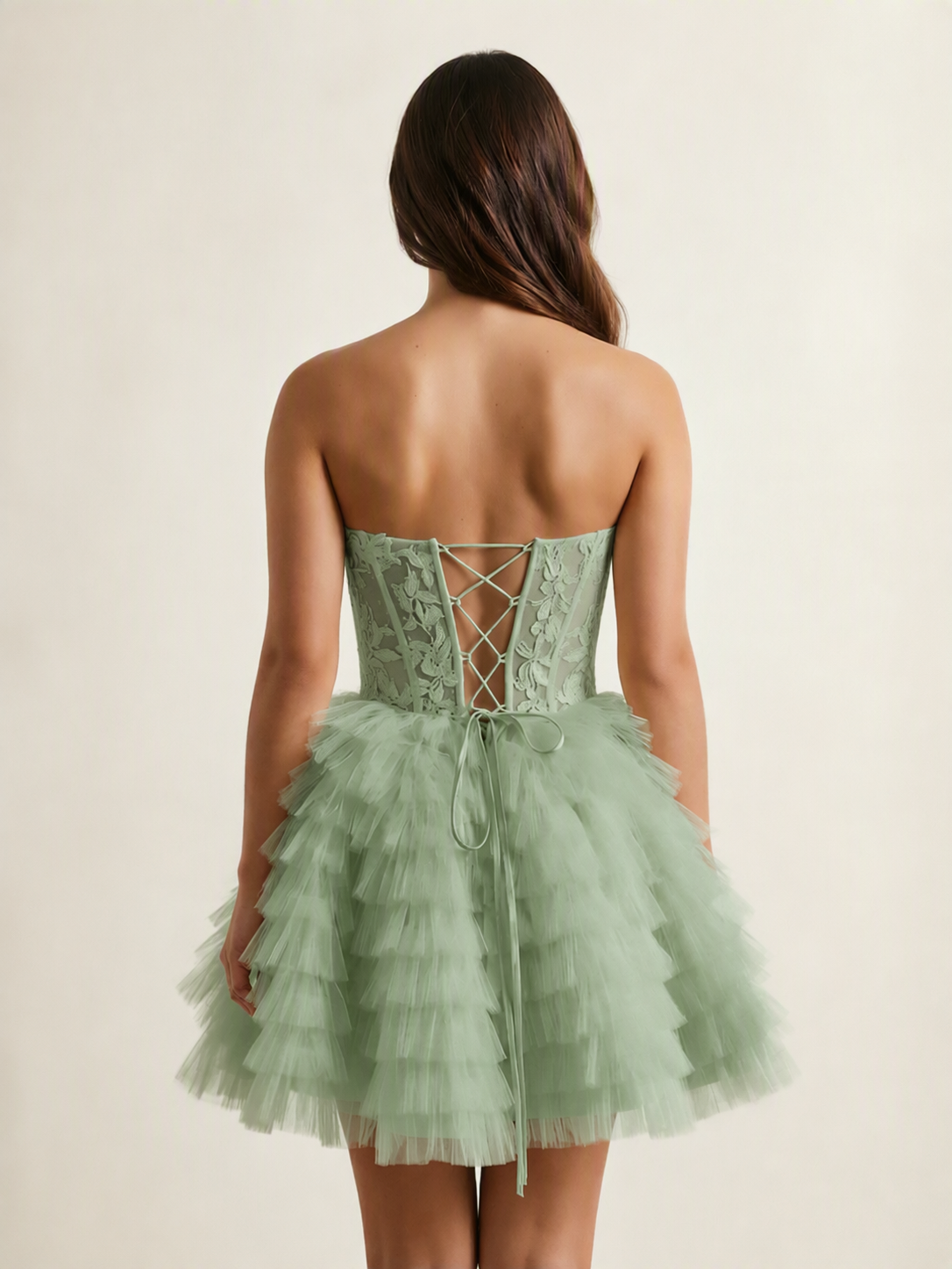 Strapless Lace Corset Tiered Tulle Mini Dress