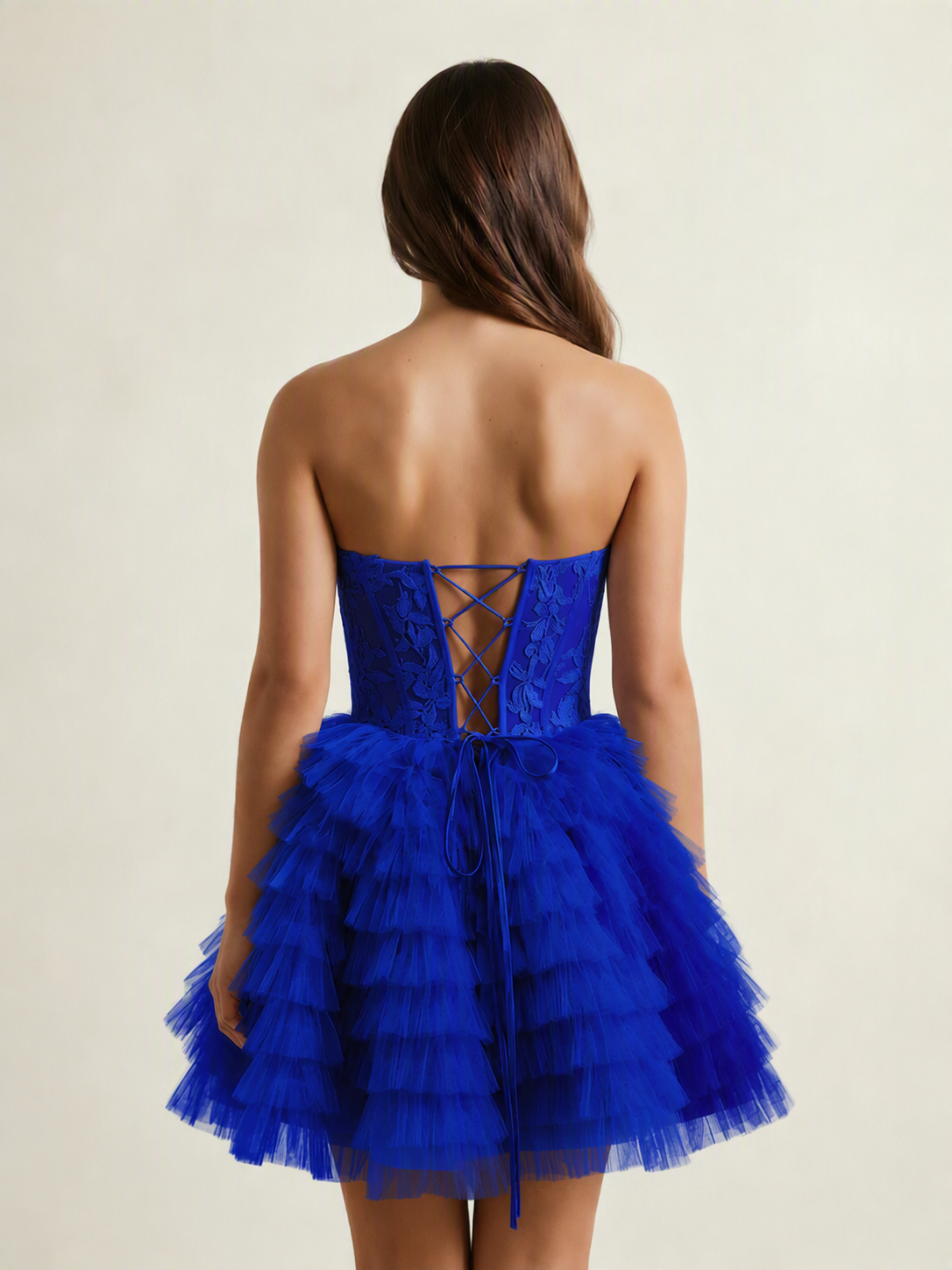 Strapless Lace Corset Tiered Tulle Mini Dress
