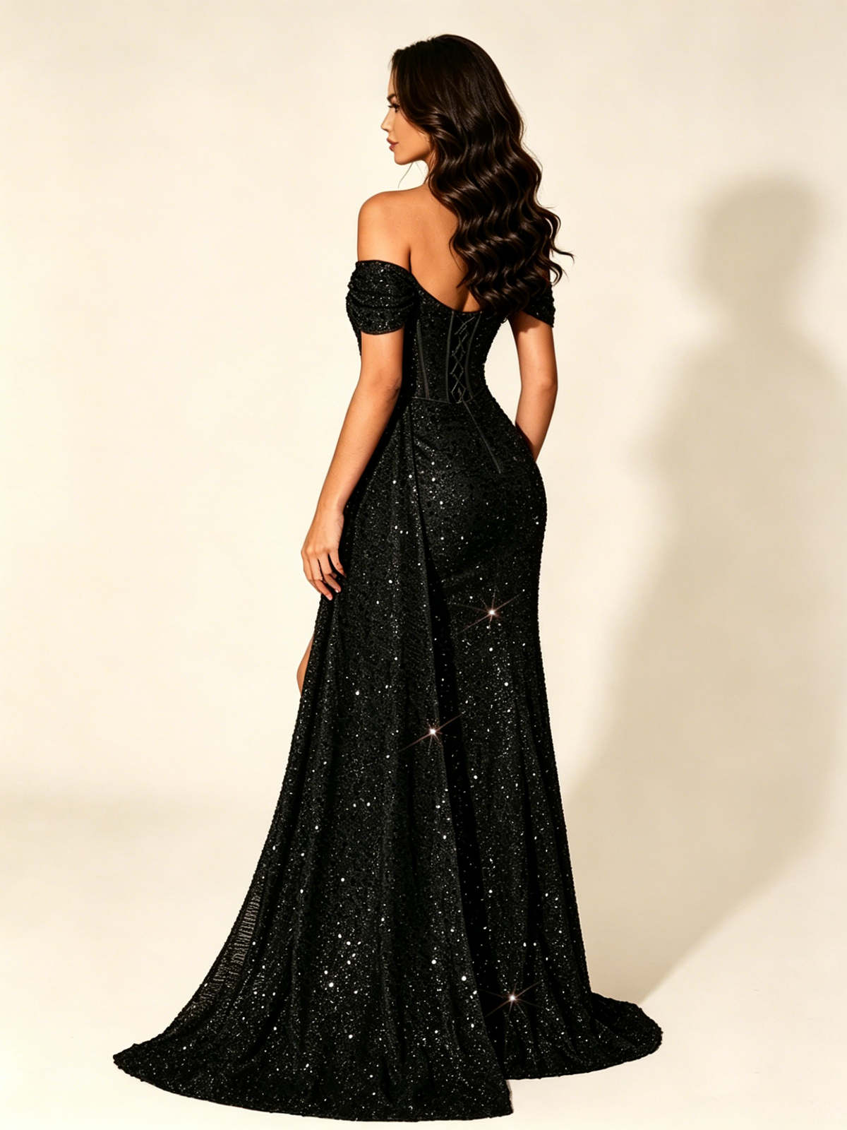 Off Shoulder Sequin High Slit Formal Dress with Train
