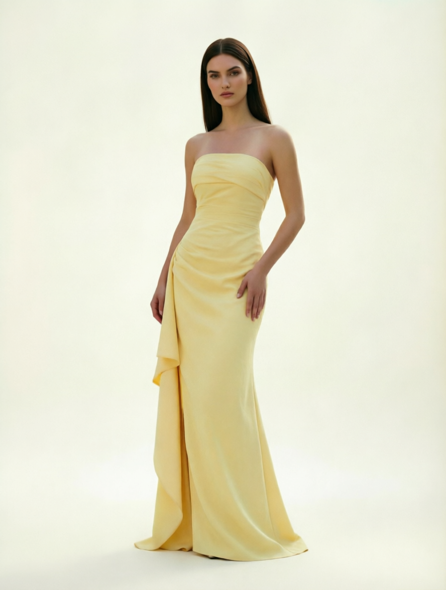 Strapless Mermaid Formal Gown with Side Slit & Draped Detail