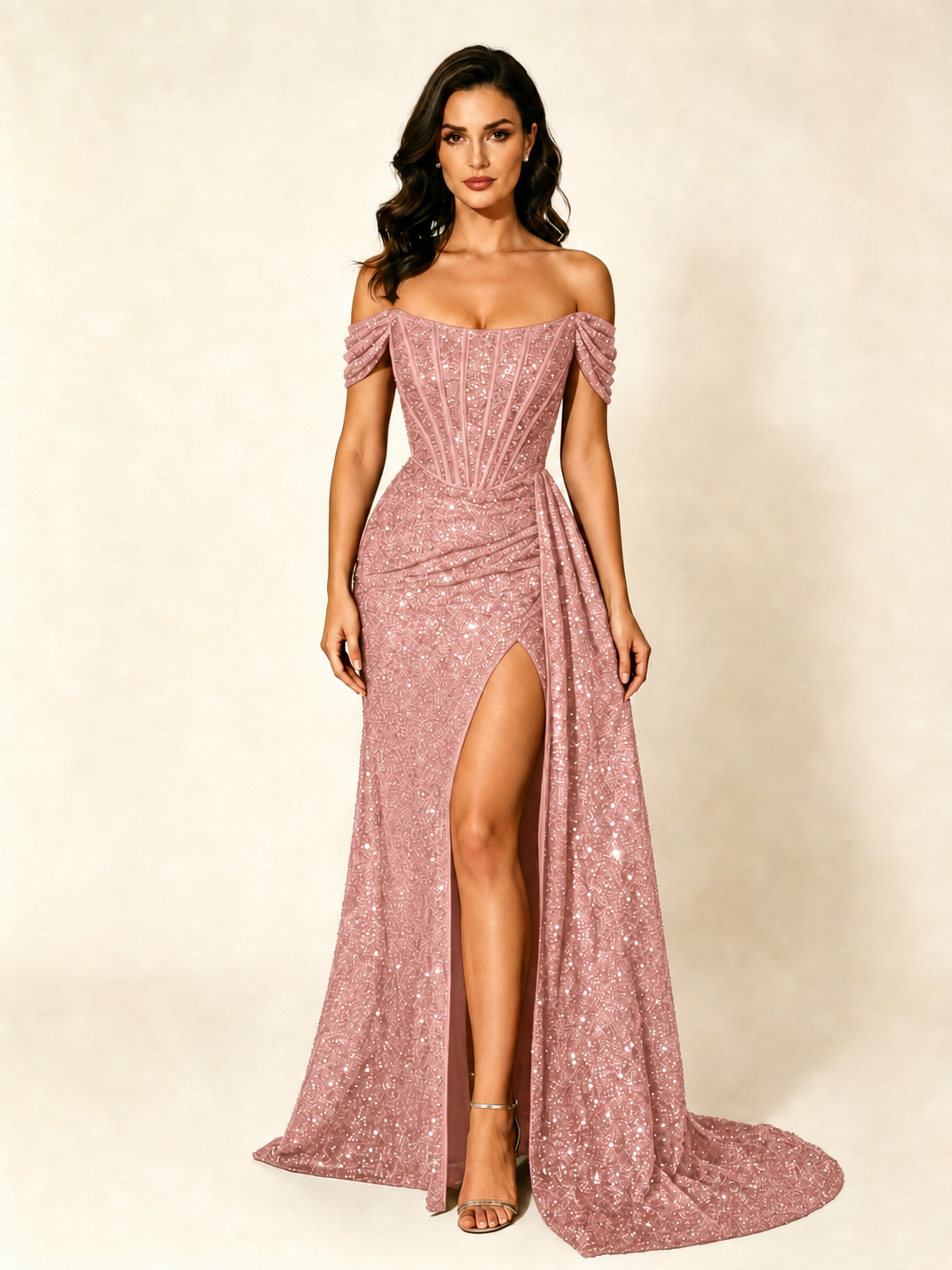 Off Shoulder Sequin High Slit Formal Dress with Train