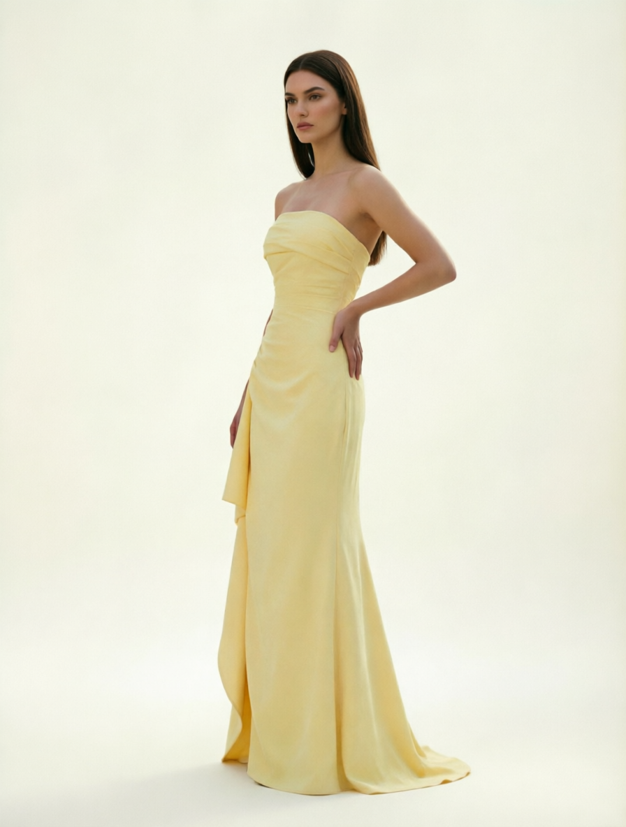 Strapless Mermaid Formal Gown with Side Slit & Draped Detail