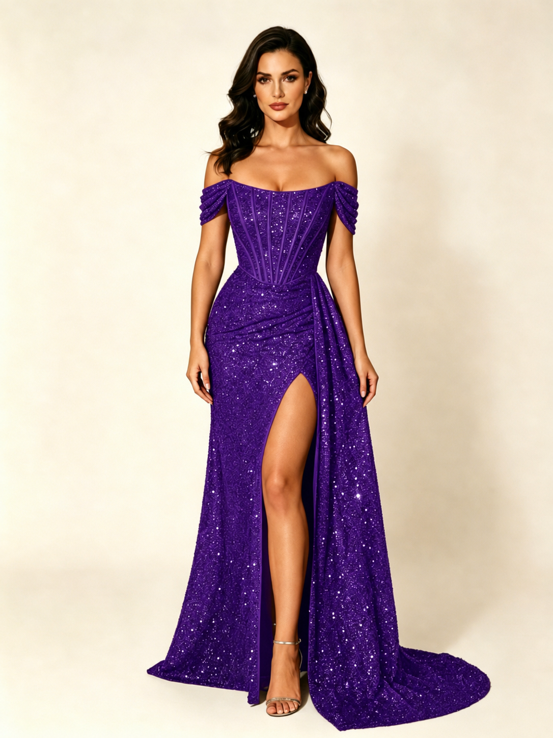 Off Shoulder Sequin High Slit Formal Dress with Train