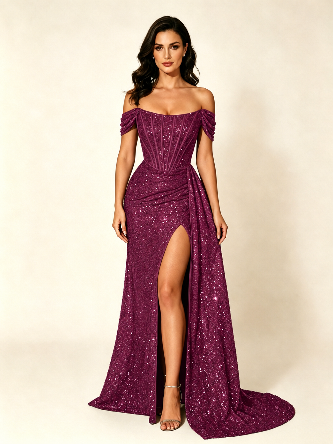 Off Shoulder Sequin High Slit Formal Dress with Train