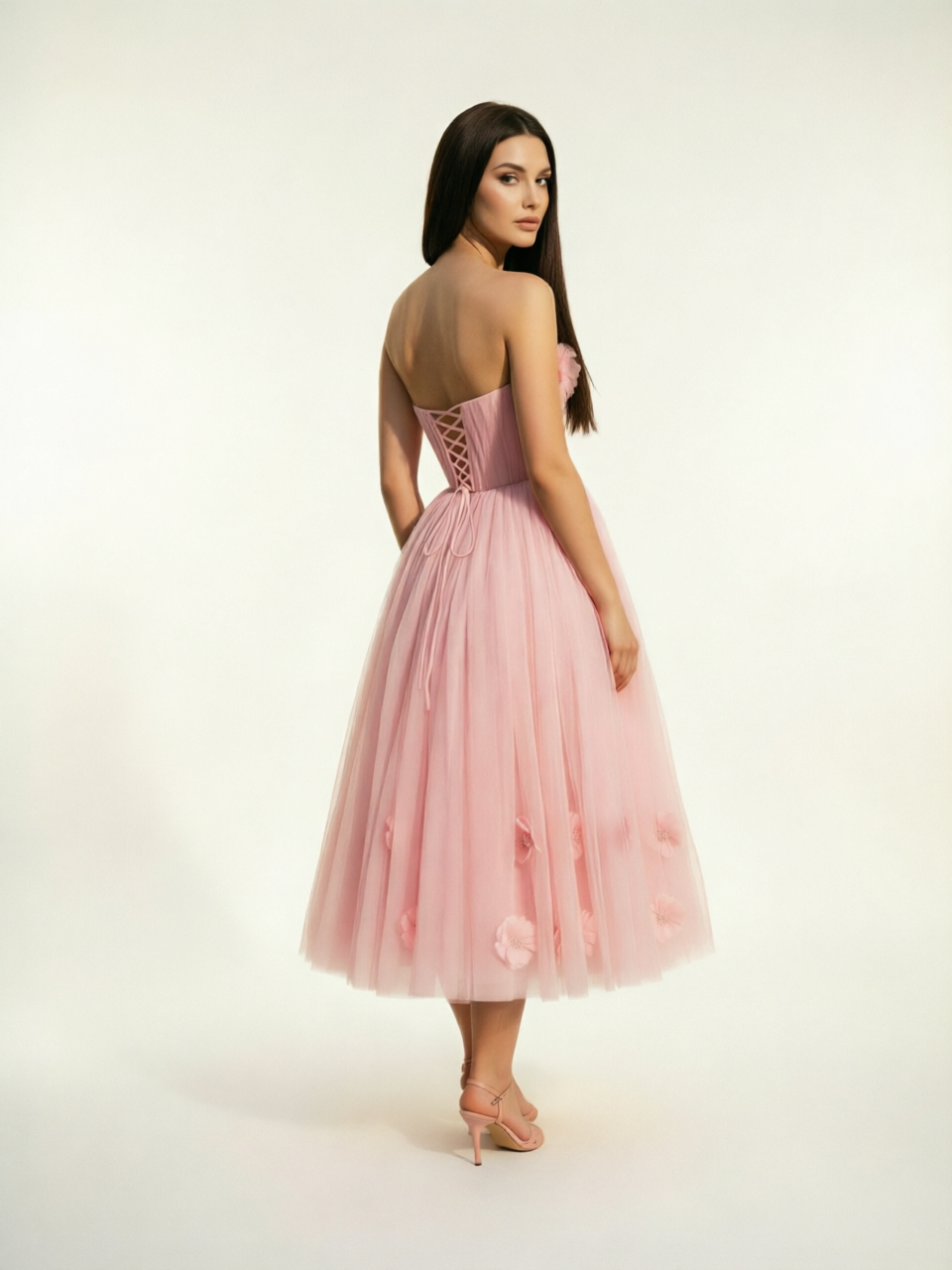 Strapless Tulle Midi Dress with 3D Floral Appliqués, Lace-Up Corset Back
