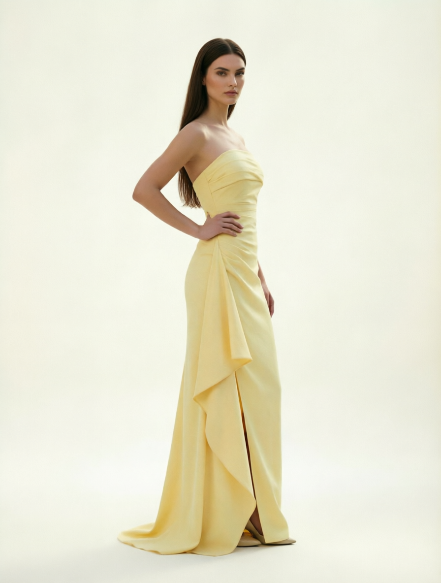 Strapless Mermaid Formal Gown with Side Slit & Draped Detail