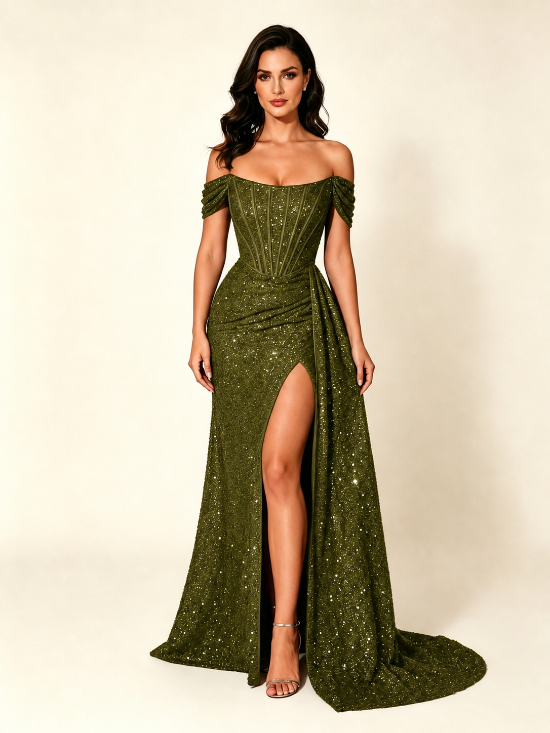 Off Shoulder Sequin High Slit Formal Dress with Train