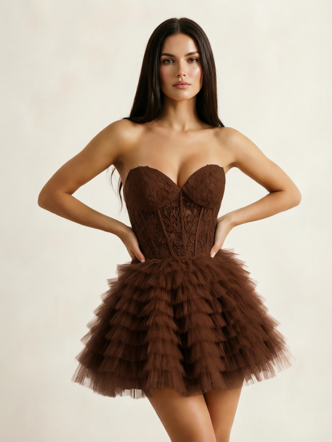 Strapless Lace Corset Tiered Tulle Mini Dress