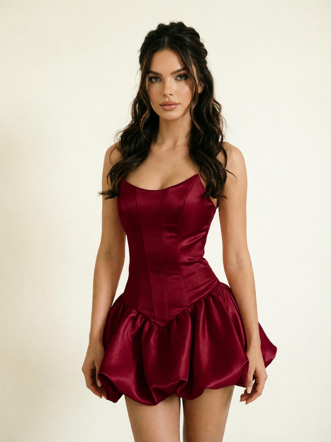 Satin Corset Strapless Bubble Mini Dress
