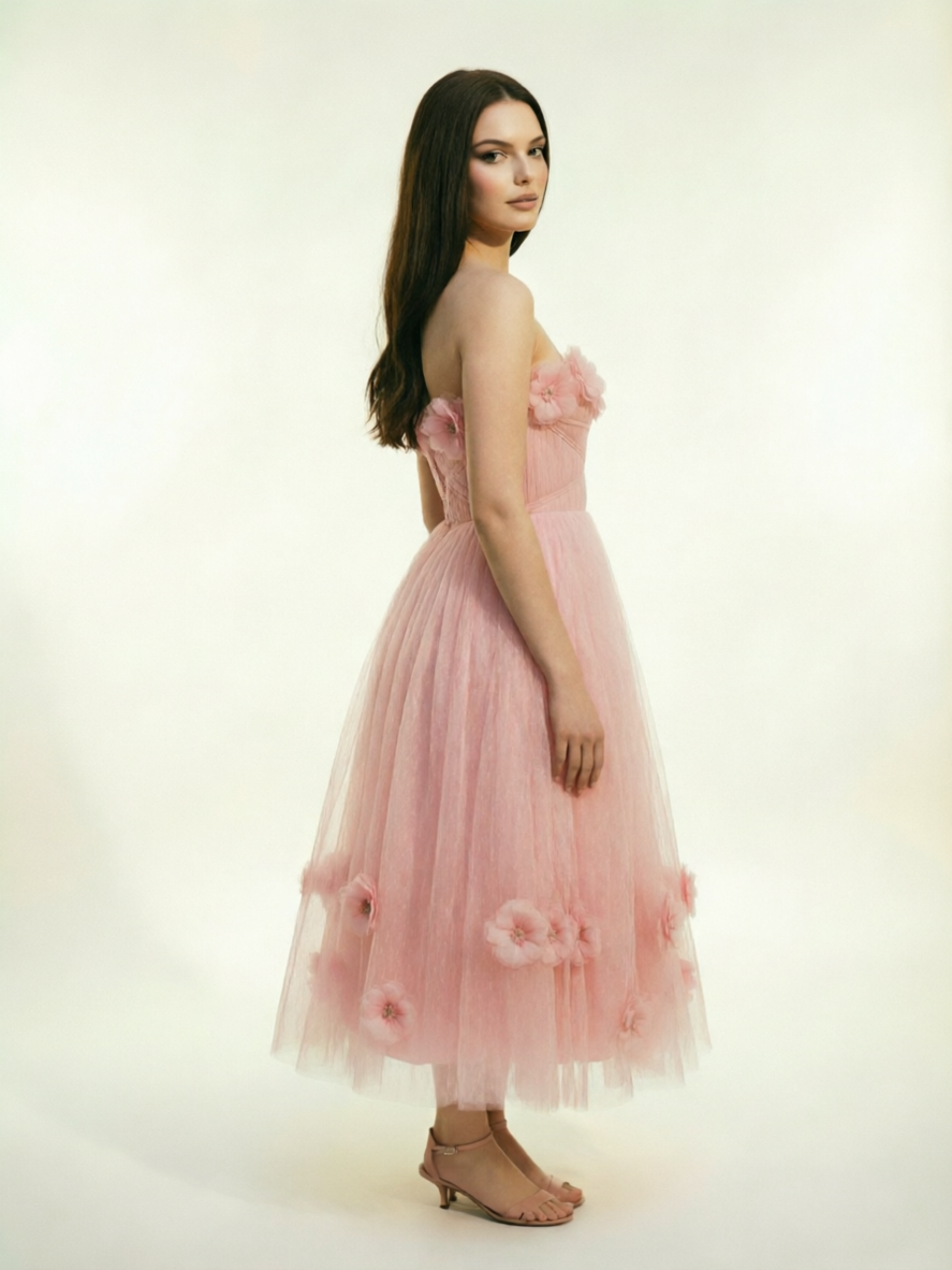 Strapless Tulle Midi Dress with 3D Floral Appliqués, Lace-Up Corset Back