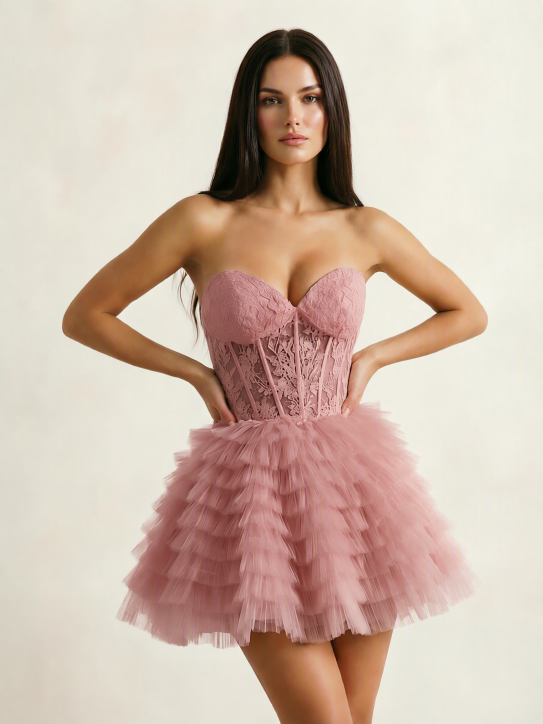 Strapless Lace Corset Tiered Tulle Mini Dress