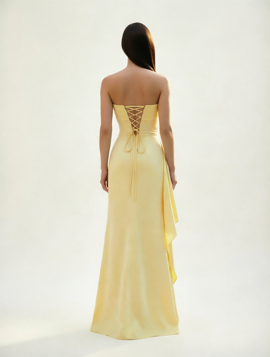 Strapless Mermaid Formal Gown with Side Slit & Draped Detail