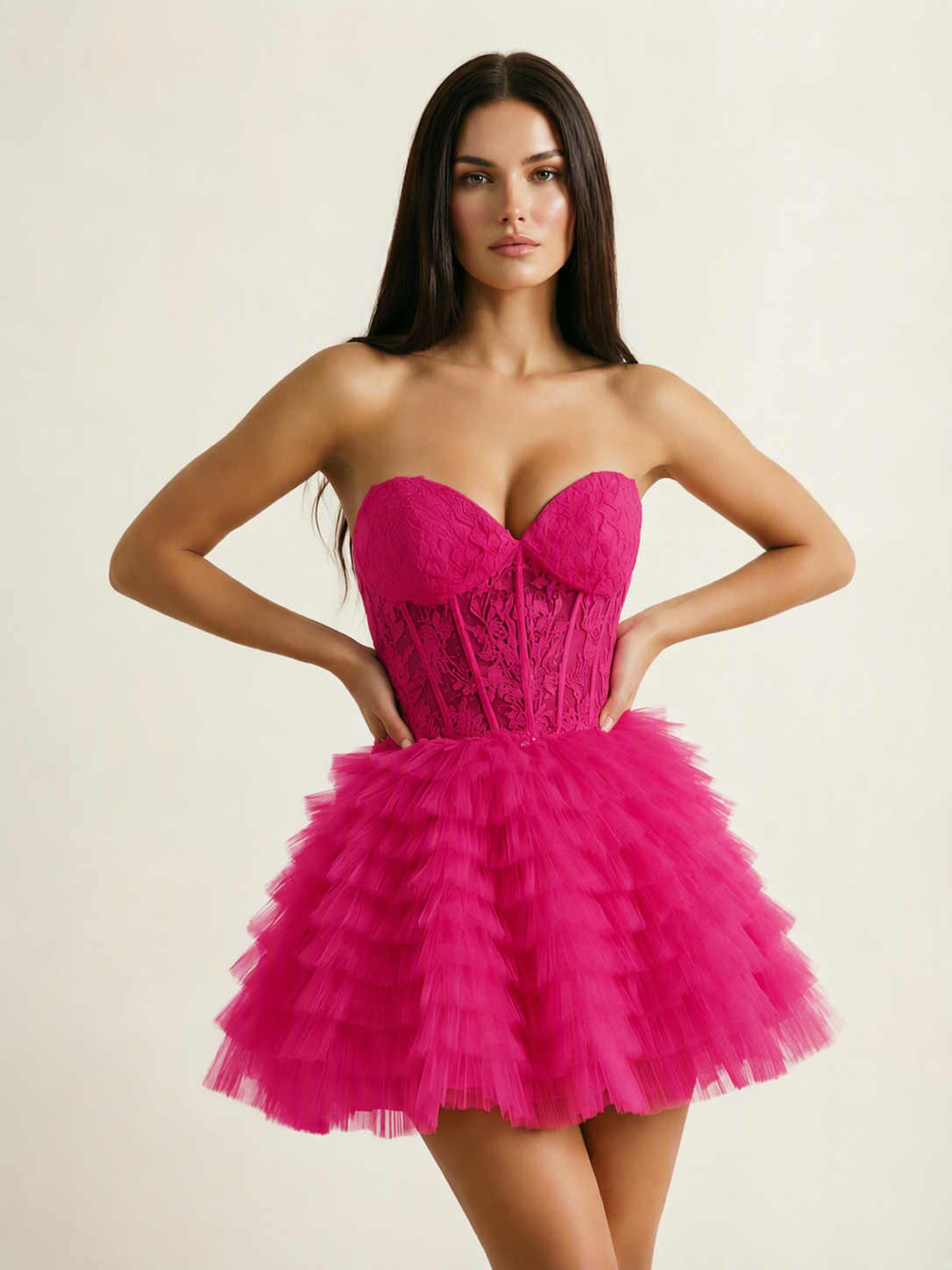Strapless Lace Corset Tiered Tulle Mini Dress