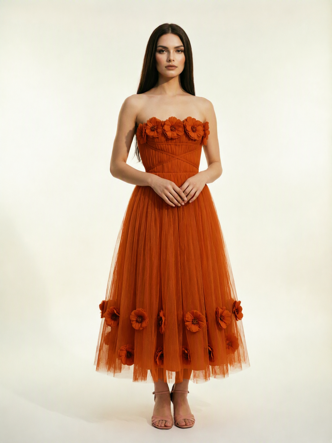 Strapless Tulle Midi Dress with 3D Floral Appliqués, Lace-Up Corset Back
