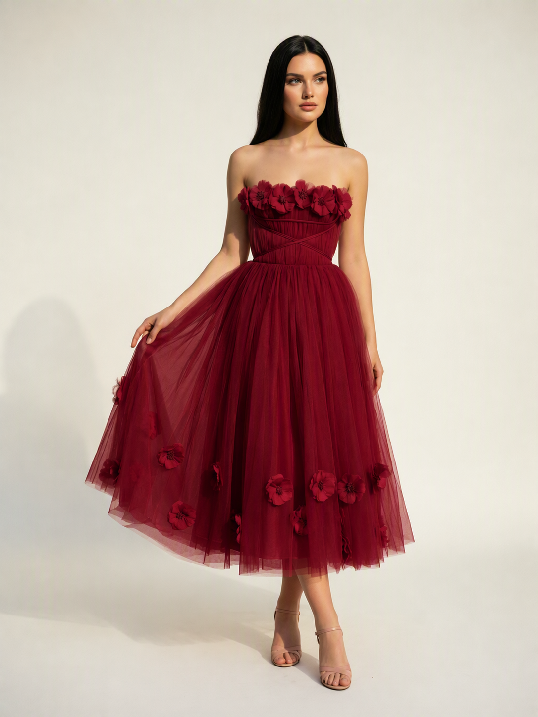 Strapless Tulle Midi Dress with 3D Floral Appliqués, Lace-Up Corset Back