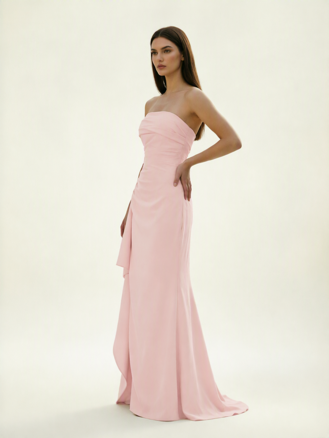 Strapless Mermaid Formal Gown with Side Slit & Draped Detail