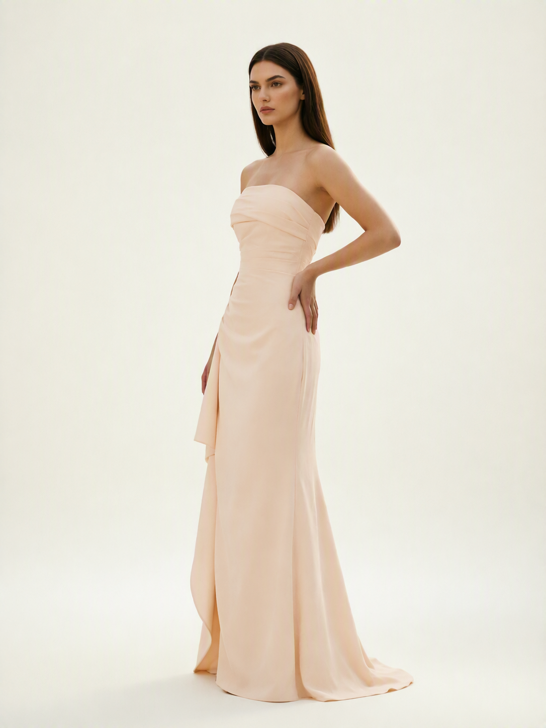 Strapless Mermaid Formal Gown with Side Slit & Draped Detail