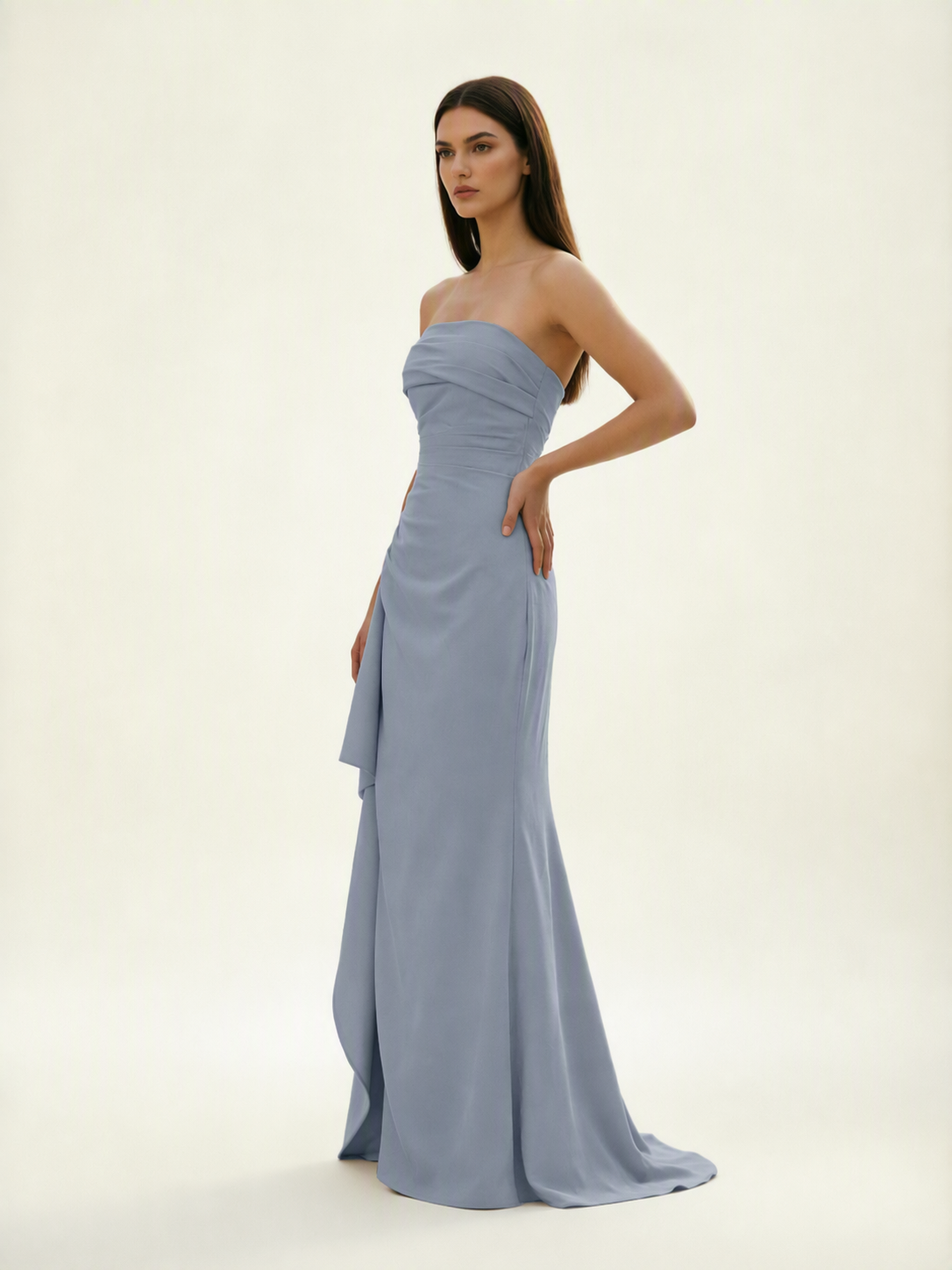 Strapless Mermaid Formal Gown with Side Slit & Draped Detail