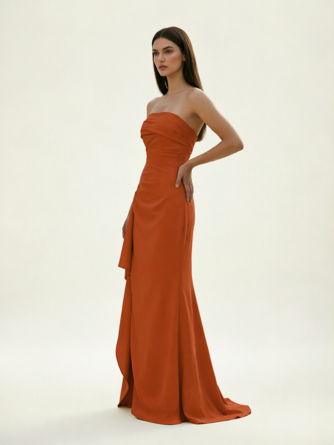Strapless Mermaid Formal Gown with Side Slit & Draped Detail