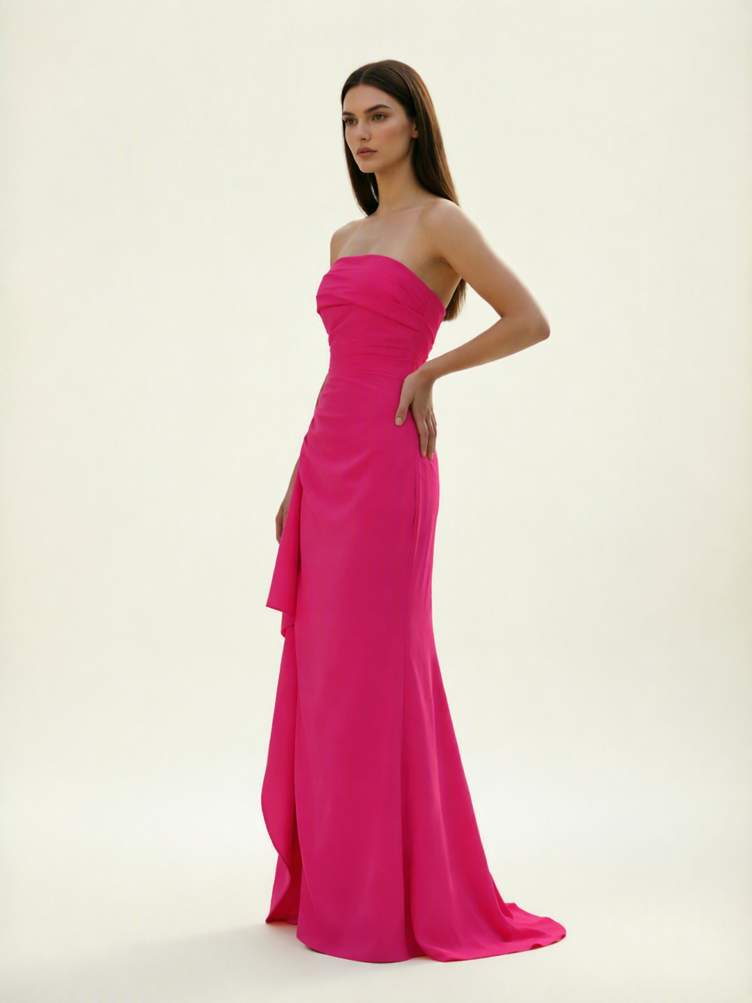 Strapless Mermaid Formal Gown with Side Slit & Draped Detail