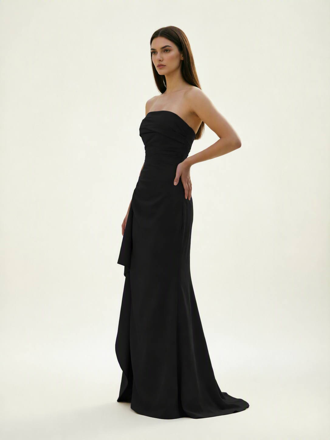 Strapless Mermaid Formal Gown with Side Slit & Draped Detail