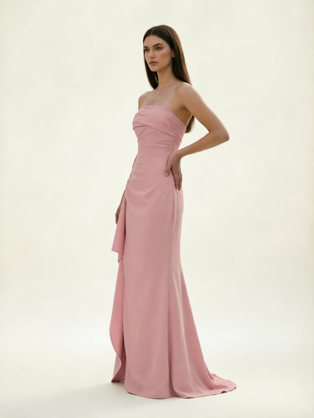 Strapless Mermaid Formal Gown with Side Slit & Draped Detail