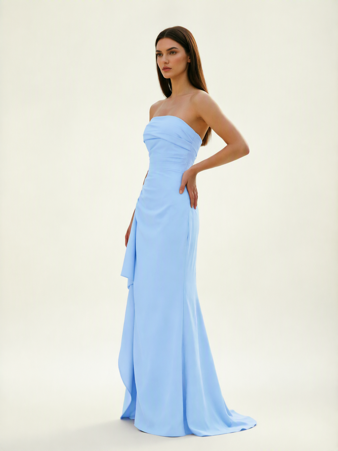 Strapless Mermaid Formal Gown with Side Slit & Draped Detail