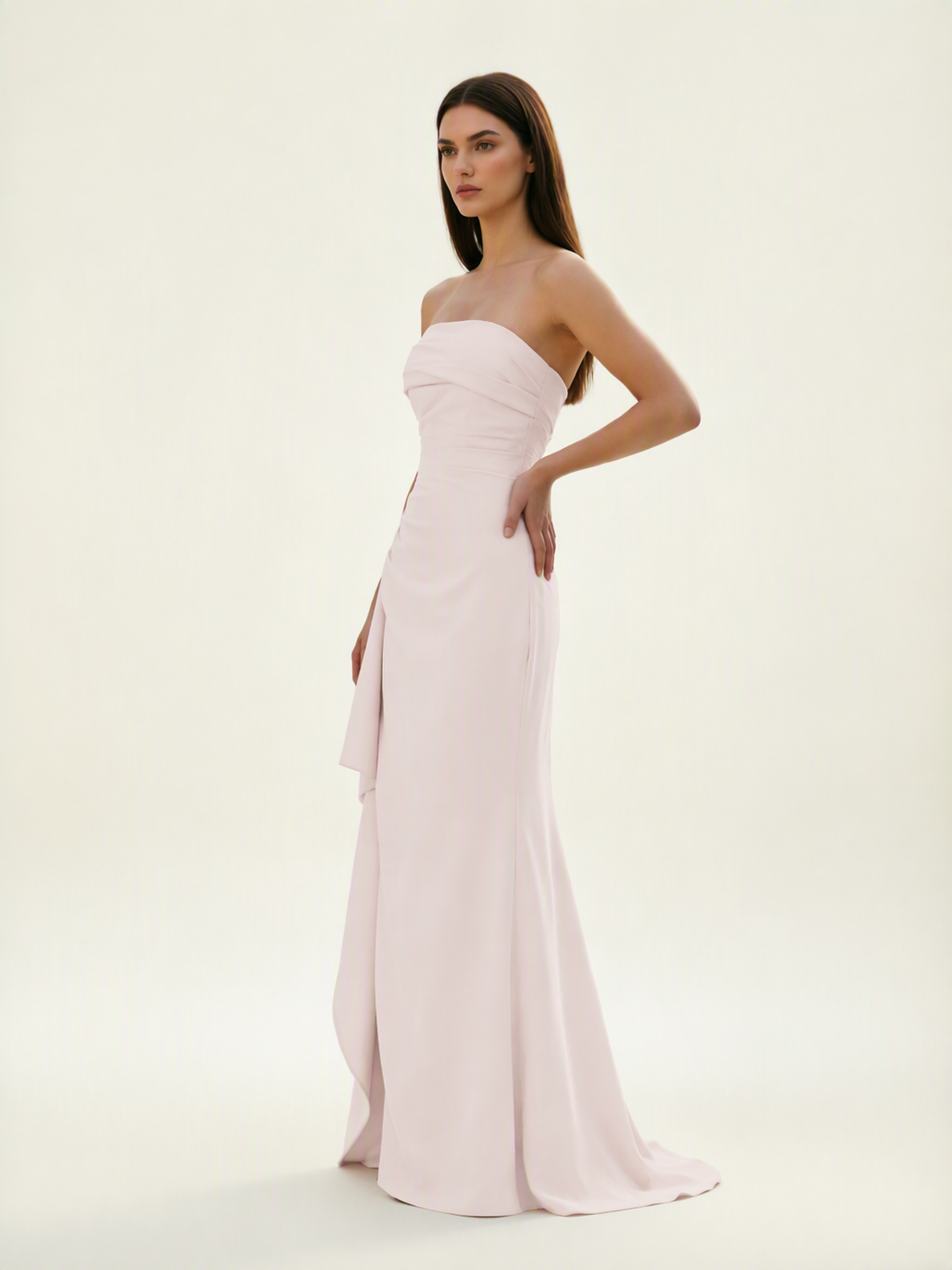 Strapless Mermaid Formal Gown with Side Slit & Draped Detail