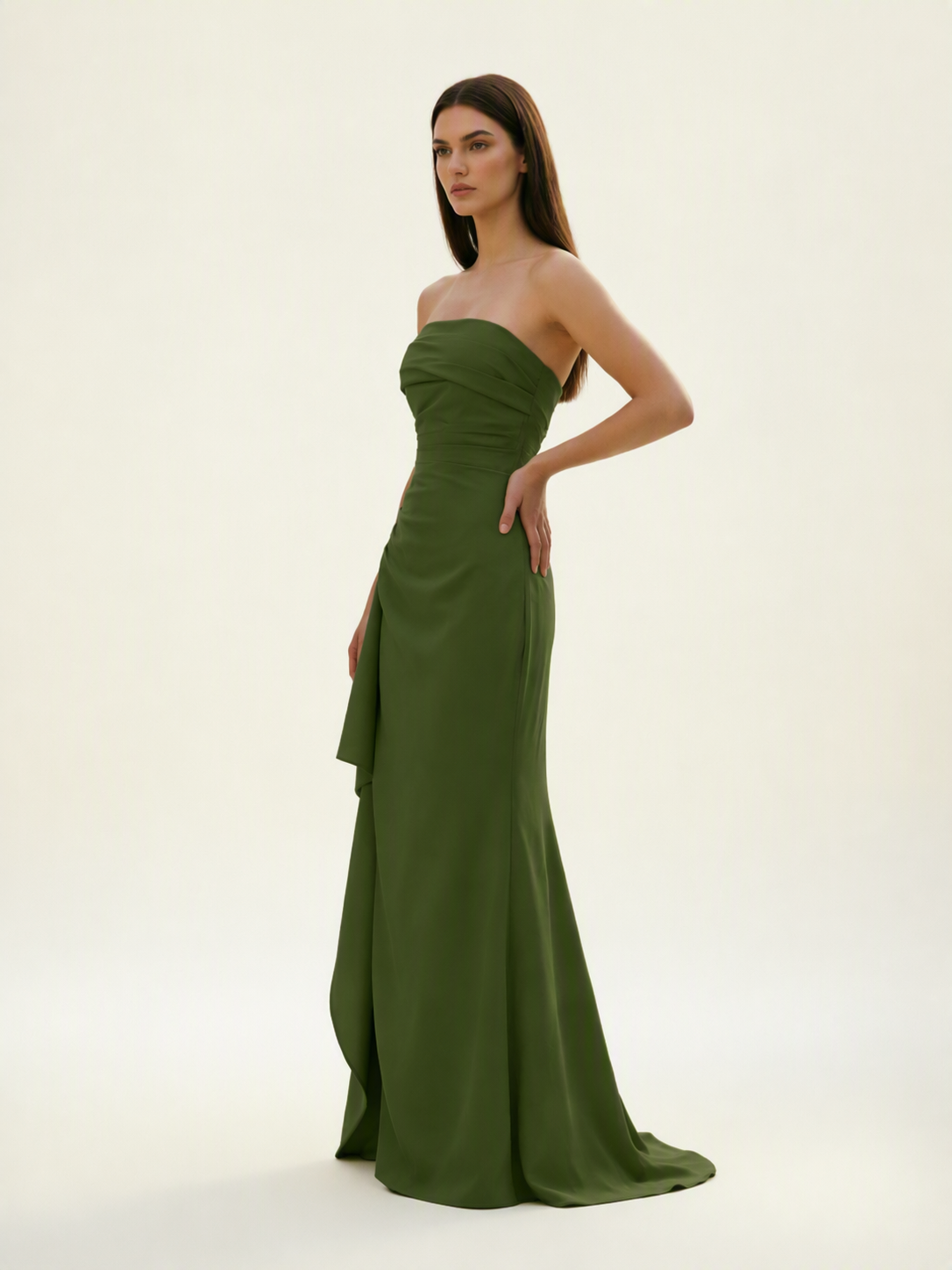 Strapless Mermaid Formal Gown with Side Slit & Draped Detail
